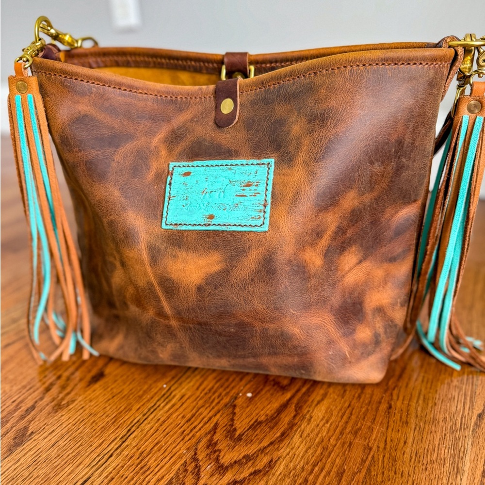Brown Full Grain Leather Bag with Turquoise Accents~Lamb Leather Goods